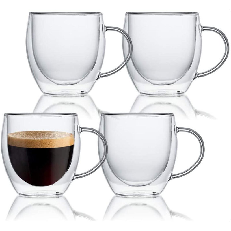 MingshanAncient Double Wall Glass Coffee Cup With Handle Set Of 4 Clear Glass Drinkware For